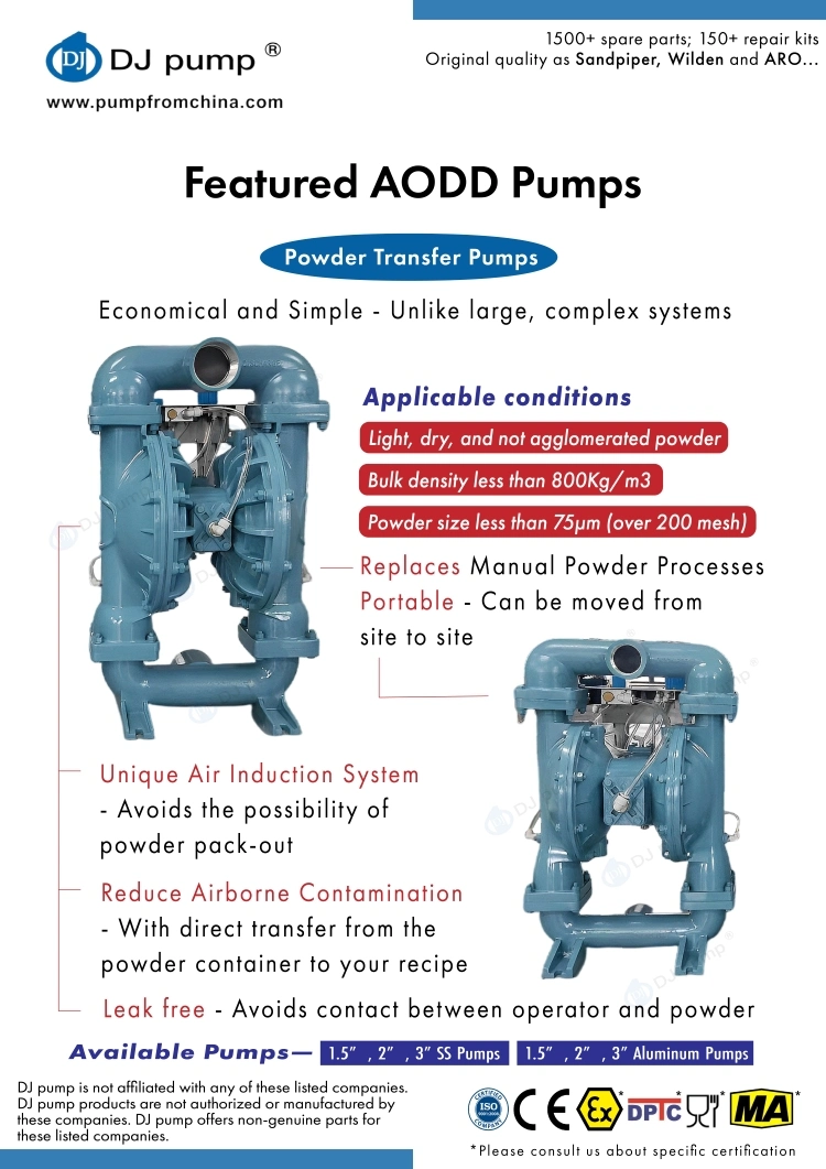 DJ Pump Powder Transfer Pumps Used for Activated Carbon, Acrylic Resins, Aluminum Oxide, Bentonite, Calcium Carbonate, Carbon Black